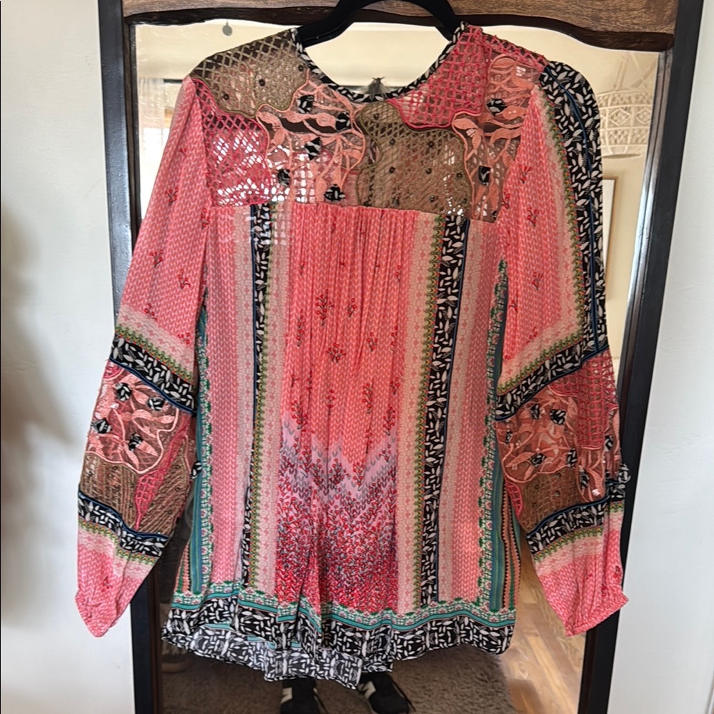 Pink Long Sleeve Graphic Blouse with Bib Collar